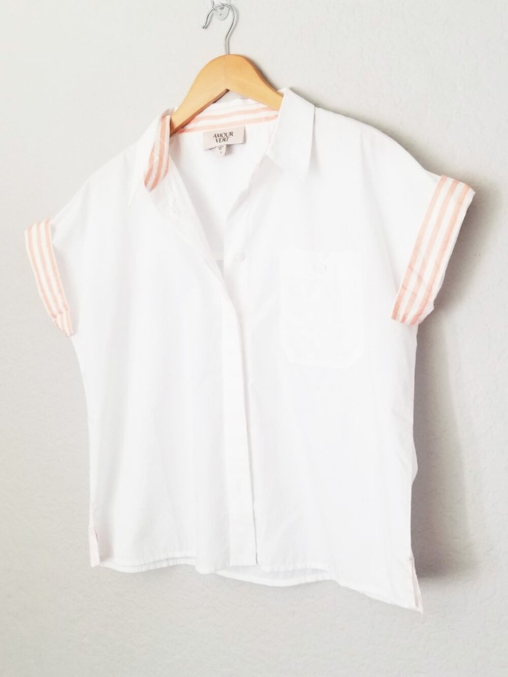 NEW Amour Vert White‎ Button Up Cotton Poplin Shirt S Short Slvs Contrast Cuff